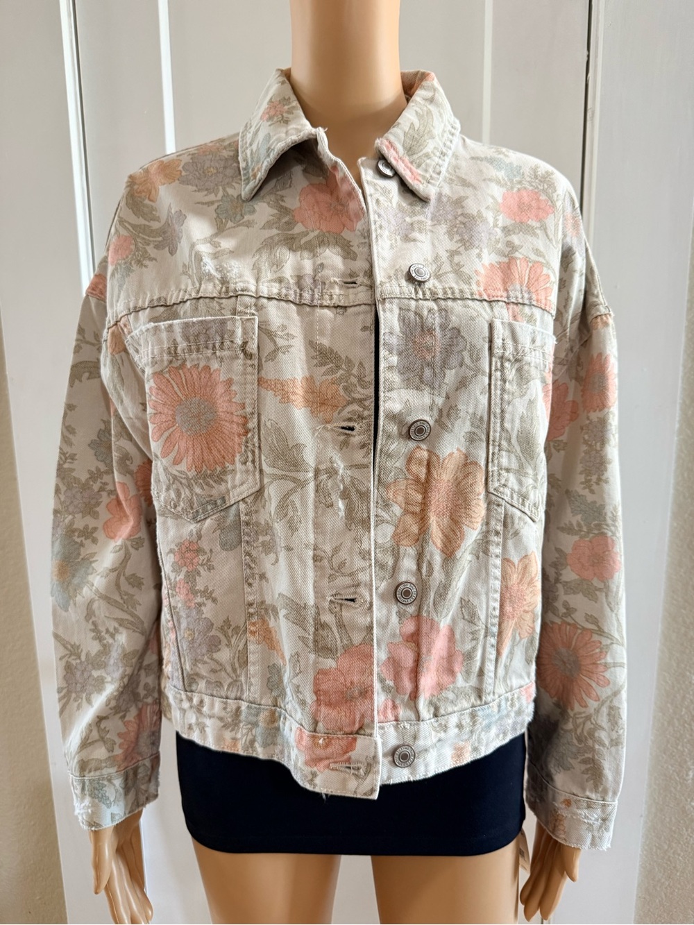 NWT Free People Opal Swing Floral Printed Oversized Denim Jacket Size S